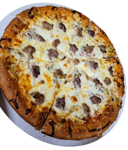 Meat-loaded, veggie-loaded pizza in Laconia, NH