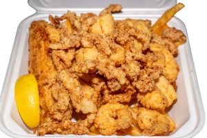 fried seafood plate with clam strips