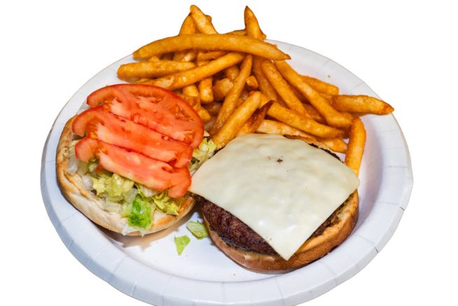 Cheeseburger shown with fries