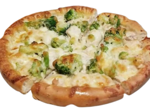 Chicken broccoli alfredo pizza