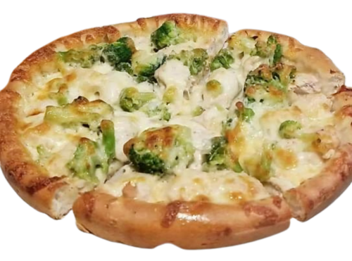 Chicken broccoli alfredo pizza